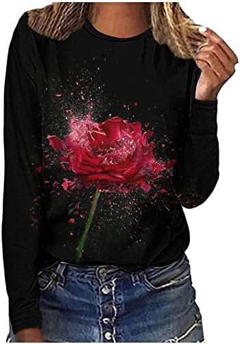 Женски y2k гроздобер цветен графички маица 2023 трендовски долг ракав вратоврска боја туничен врвови пролет случајна екипа на вратот лабава