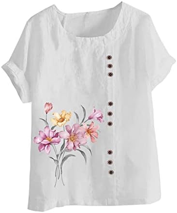 Памучни постелнина маици за женски лето плус големина на врвови со цвеќиња за кратки ракави за кратки ракави, блузи на вратот на