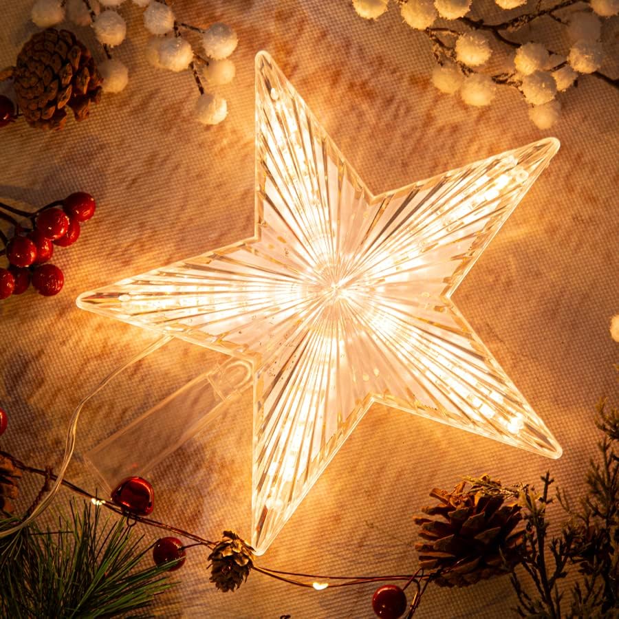 Топер Ѕвезда на новогодишна Елка, Топло Бело Светло Од 8,7 Инчи со 30 ЛЕД Светла Одлично За Декор На Домот На Елката, Празник,