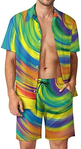 Апстрактни шарени вртливи мажи 2 парчиња хавајски сет копче-долу кошули со кратки ракави, панталони за плажа лабави фит-титки за тренерки