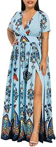 Плус големина макси фустан за жени против вратот цветни печатени кратки ракави летен лесен долг фустан за плажа и одмор