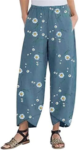 2023 памучни постелнини панталони, лесна лесна широка нога со широки нозе лабава јога каприс маргаритка со цветни печатени