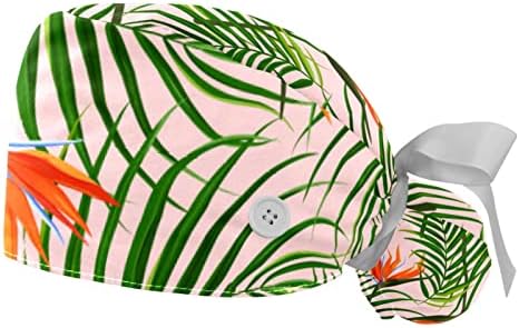 2 компјутери буфан капа со торбичка за конска опашка, памук за работа со памук, прилагодливи хируршки капачиња Тропска шема