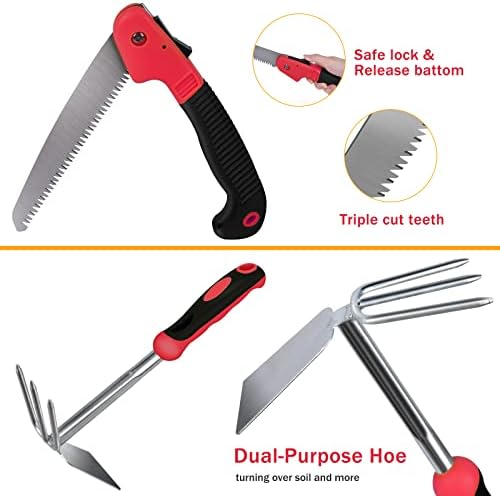 Црвени алатки за градинарство, Wisakey 9 парче не'рѓосувачки челик Алатки за тешки градинарски градини, црвени градинарски рачни алати