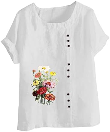 Девојки постелнина памучна кошула со кратки ракави екипаж вратот Дејзи, цветен графички бранч плус големина блуза за блуза за жени јП