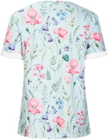 Женски цветни печатени врвови на капчиња чипка за чипка против маички со вратот кратки ракави летни обични лабави маички кошули