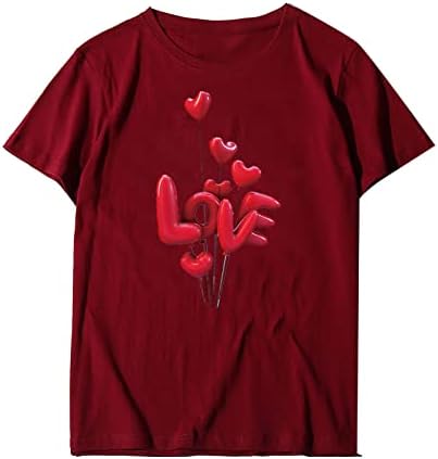 Маица за Денот на вineубените за жени црвени heartубовни печати со кратки ракави кошули врвови летни обични екипи на екипаж блузи