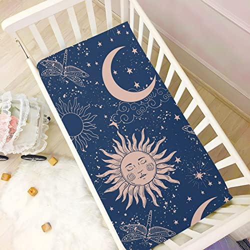 Алаза Бохо Боемјан Сонце полумесечина Starвездички чаршафи поставени листови за басинет за момчиња бебе девојчиња дете, мини големина