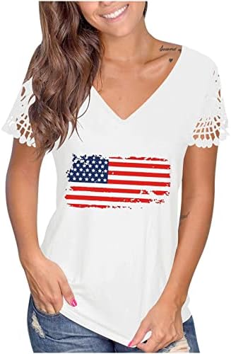 Womenенска кошула на 4 -ти јули Американското со сончогледи на американско знаме Печатете ги врвовите на врвовите на кратки ракави за независност