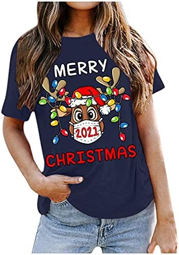 Среќни божиќни маици за жени Божиќ дрво Дедо Мраз Графички врвен врв на кратки ракави екипаж на екипаж за лежерна празничка блуза