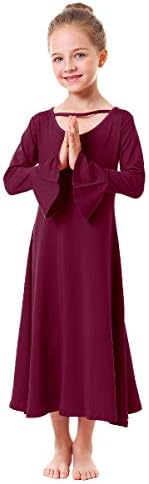 Пофалби танц фустан за девојки Девојче цврсто bellвонче со долг ракав литургиски лабав вклопена целосна должина обожавање здолниште црковна танцувачка
