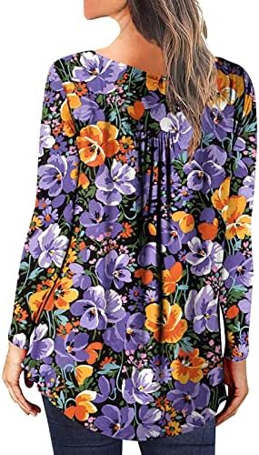 Хенли кошула жени со долги ракави цвет обична секси модна маица печатена долга ракав, искривен пулвер блуза врвови