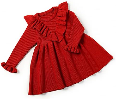 Xfglck дете бебе девојчиња фустан плетен џемпер руфла со долги ракави обични фустани есен зимска облека