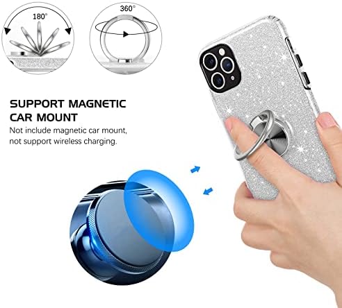 Домавер за iPhone 11 Pro Max Case Glitter Luxury Silver со ротирачки ринг-удар мек TPU капакот и тврди компјутерски заштитни