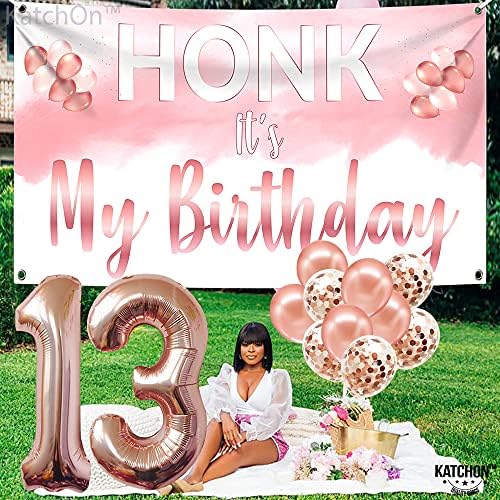 Xtralarge Honk Тоа е знак за роденден во дворот - 72 x 40 инчи | Големо розово злато 13 броеви на балони за 13 роденденски украси