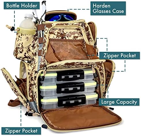 Halfhook риболов ранец на ранец со 3 кутии големо складирање на торбички за водоотпорни торби со заштитна обвивка за дожд и 3 ленти