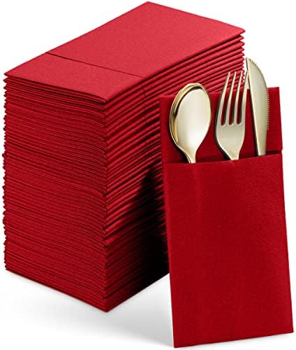 Салфетки за вечера со постелнина за еднократна употреба со вграден џеб за прибор, црвена префладана крпа од 50 пакувања како салфетки за хартија