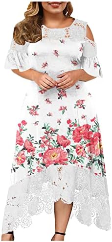 Женски памучни фустани жени плус големина чиста чипка од чипка, тркалезен фустан со кратки ракави женски плус големина лето