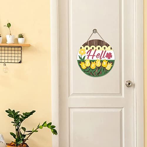 Дероро здраво пролетно лалење цвеќиња знак за декор на влезната врата, жолто цветна врата од дрво за закана за надворешна тремот, рустикален