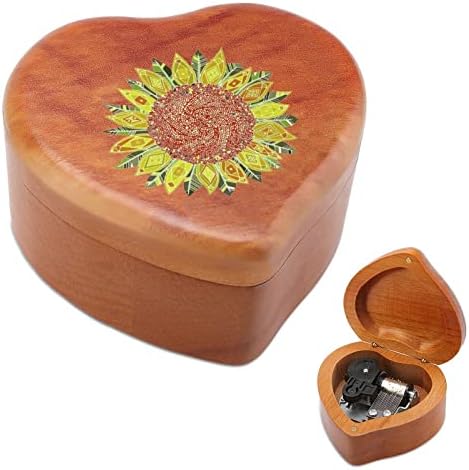 Домородно американско сончогледово поле гроздобер дрвена часовна музичка кутија музичка кутија во облик на срцеви подароци за