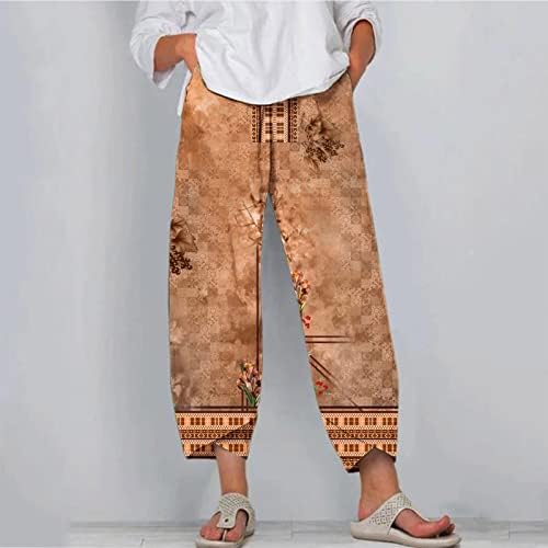 Yuzhih женски постелнина панталони обични еластични високи половини летни цветни печатени удобни палацо панталони каприс јога панталони
