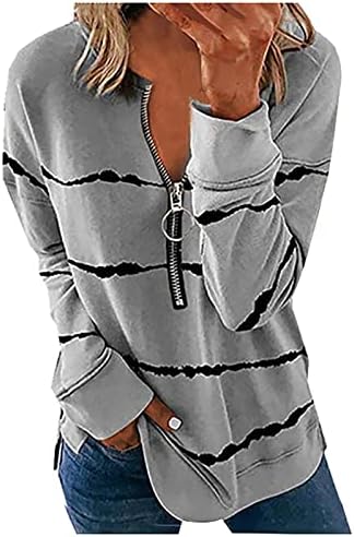Fireero Womens 2022 есенски модни врвови, 1/4 патент случајна џемпер со цврста лента со долги ракави со долги ракави лабави кошули