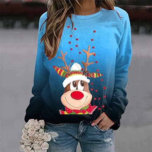 Badhub Christmasенски Божиќни ирваси за џемпери градиент Графички графички печатени врвови со долги ракави, обични кошули во