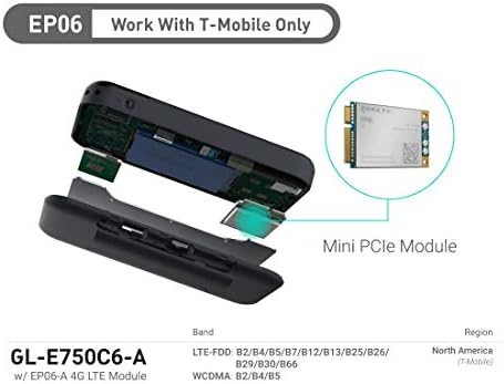 GL.INET GL-E750 4G LTE OpenWRT VPN рутер, само T-Mobile, 128 GB Max MicroSD, 7000mAh батерија, OpenVPN, Wireguard, Tor, рутер што можете да