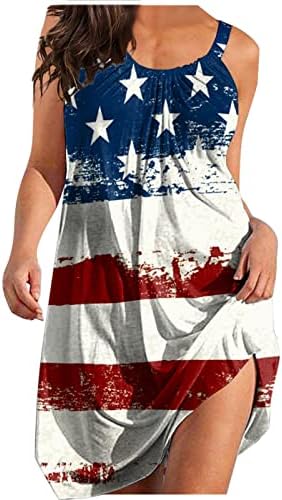 4 јули Фустан На Плажа За Жени Летен Лежерен Бохо Фустан Американско Знаме Лажичка Без Ракави Течен Мини Сарафан
