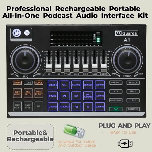 Аудио интерфејс со DJ миксер и звучна картичка, Гарда 2-ри генерал преносен комплет за пакети за опрема за подкаст, професионален XLR микрофон/гејминг/снимање/пеење/TikTok/YouTube/компјутер