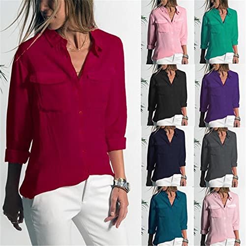 Andongnywell женски случајни лапчиња со долги ракави кошули надолу со блузи кошула врвови на џебови кошула блуза