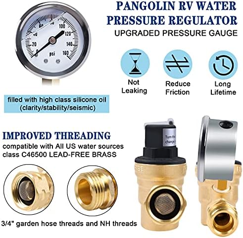 Регулатор за притисок на водата Pangolin RV со мерач на мерач на нафта и влез во скриниран со влез, 3/4 NH NH без олово, прилагодлив