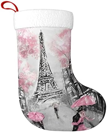 Yilequan 18 инчи Божиќни чорапи Класични чорапи, Париз улица Ајфелова кула Пинк Флорал, за семејни празници Божиќни забави украси