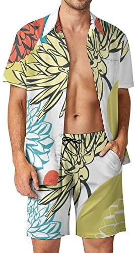 Апстрактна дахлија цвеќиња мажи 2 парчиња хавајски постави копче-долу кошули со кратки ракави, панталони за плажа лабави вклопени