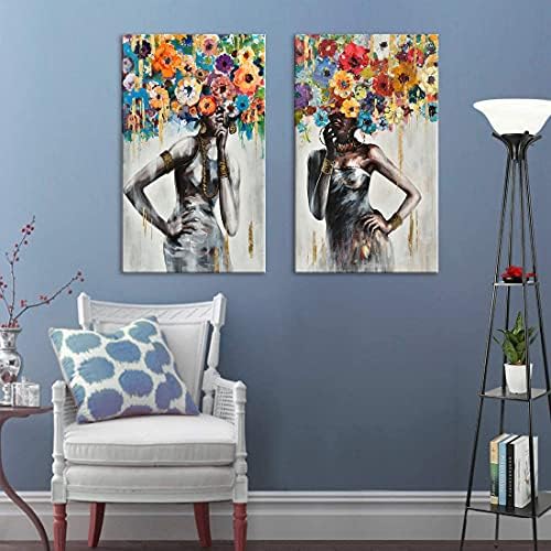 Сликарство за модни печати со црно -американски дами, модерна афроамериканска wallидна уметност цвеќиња цвеќиња wallидна уметност за дневна