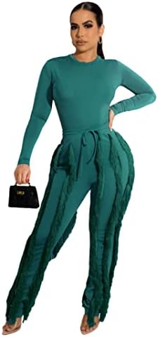 2 парчиња облеки за жени секси - цврст долг ракав со едно парче врвови на врвови со долги панталони за панталони