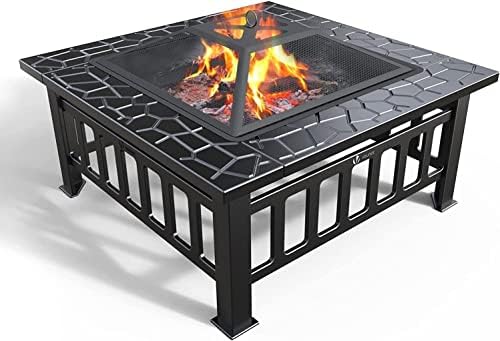 VOUNOT FIRE PIT TABLE 32 инчи квадратни метални FirePit Мултифункционално отворено камин со искривена екранот осветлен и покривка на