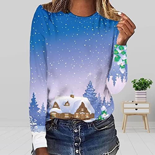 Кошули со долг ракав за жени мода Божиќ печатено лабава маица блуза околу вратот Обични врвови
