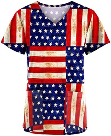 Womenените ладно рамо лето на врвот на американското знаме графички принт со кратки ракави лабава маица блуза 4-ти јули патриотска кошула