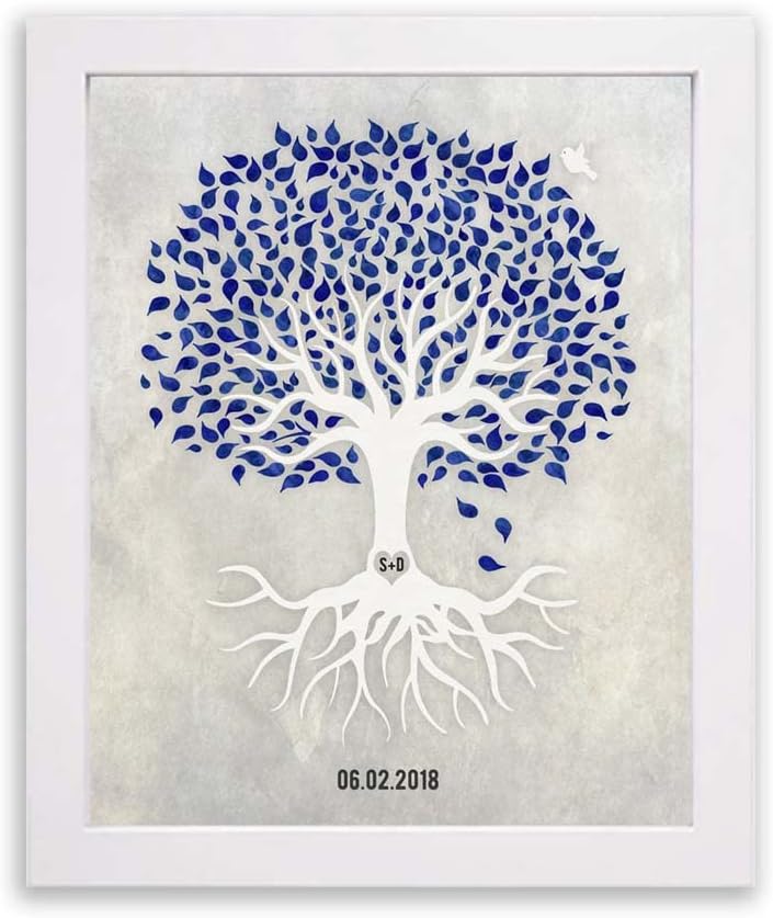 Среќна годишнина од Туск, морнарица сино и бело минималистичко дрво со рото, бел гулаб, подарок за двојка lt-1531,