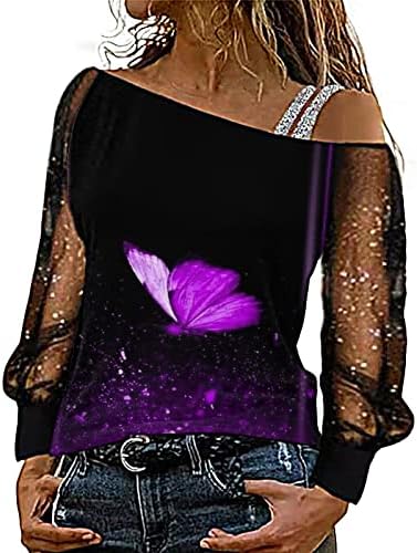 Iius Sequin Print Mesh Долга ракав маичка за жени секси надвор од рамото пулвер облечен асиметричен роса на рамената на рамената Топ Туника