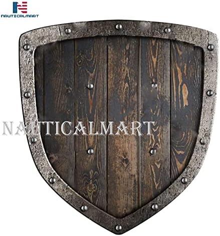 Наутичко -март Дрво Викиншки штит Дрвени средновековни викинзи Шилд со метална рамка - SCA/LARP/NORSE/NORWORD/ANTIQUE/ARMOR