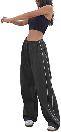 Pantsенски панталони за женски панталони со широка нога еластична половината со широка нога опуштена лабава карго падобран панталони улична облека
