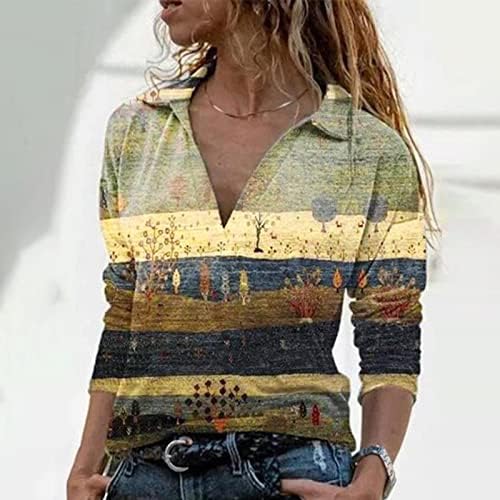 Плус големина на врвови за жени со долг ракав против вратот со долг ракав врвови цветни печати V-врат пуловер со долг ракав блуза