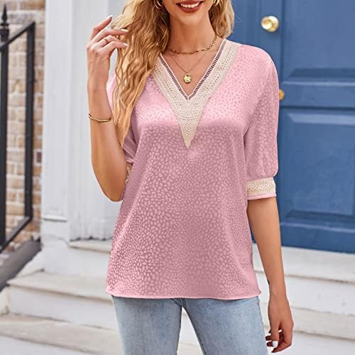 V маички за вратот за жени со булки шуплива чипка сатен пуловер врвови лето цврста боја за шевови со кратки ракави маички