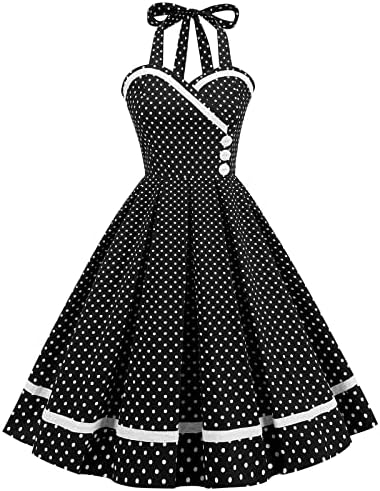 Моден фустан од 50 -ти години за жени гроздобер коктел Halter фустан Полка Одри фустан од 1950 -тите рокобили забавен фустан копче