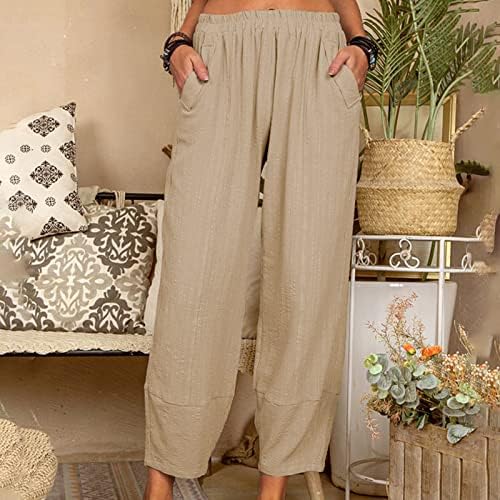 Летни панталони на Fireero Suble Casual Coary Coly Color Еластична половината зашивање памук памук директно широки панталони за нозе со џеб