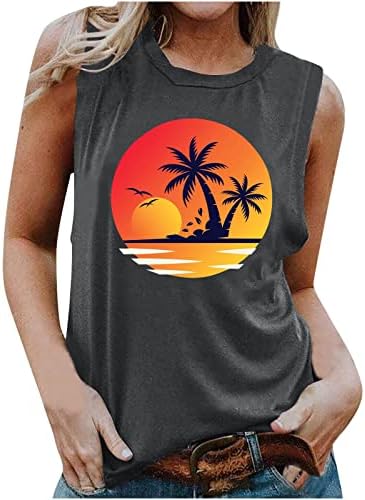 Womenените летни плажа зајдисонце од кокос дрвја кошула без ракави со тркалезна врата маица обични маички врвови