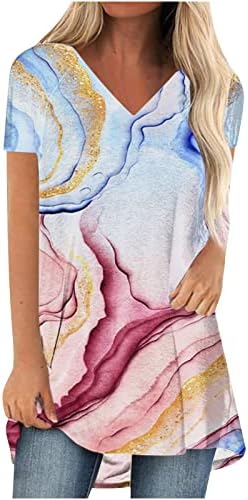 Мермер графички лабави вклопни врвови за јуниори есен лето кратки ракави vneck блузи маици тинејџерски девојки облека мода мода