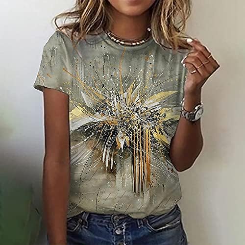 Женски врвови гроздобер 3Д графички маички обични лабава туника екипаж маица тинејџерска девојка слатки врвови кратки ракави блузи